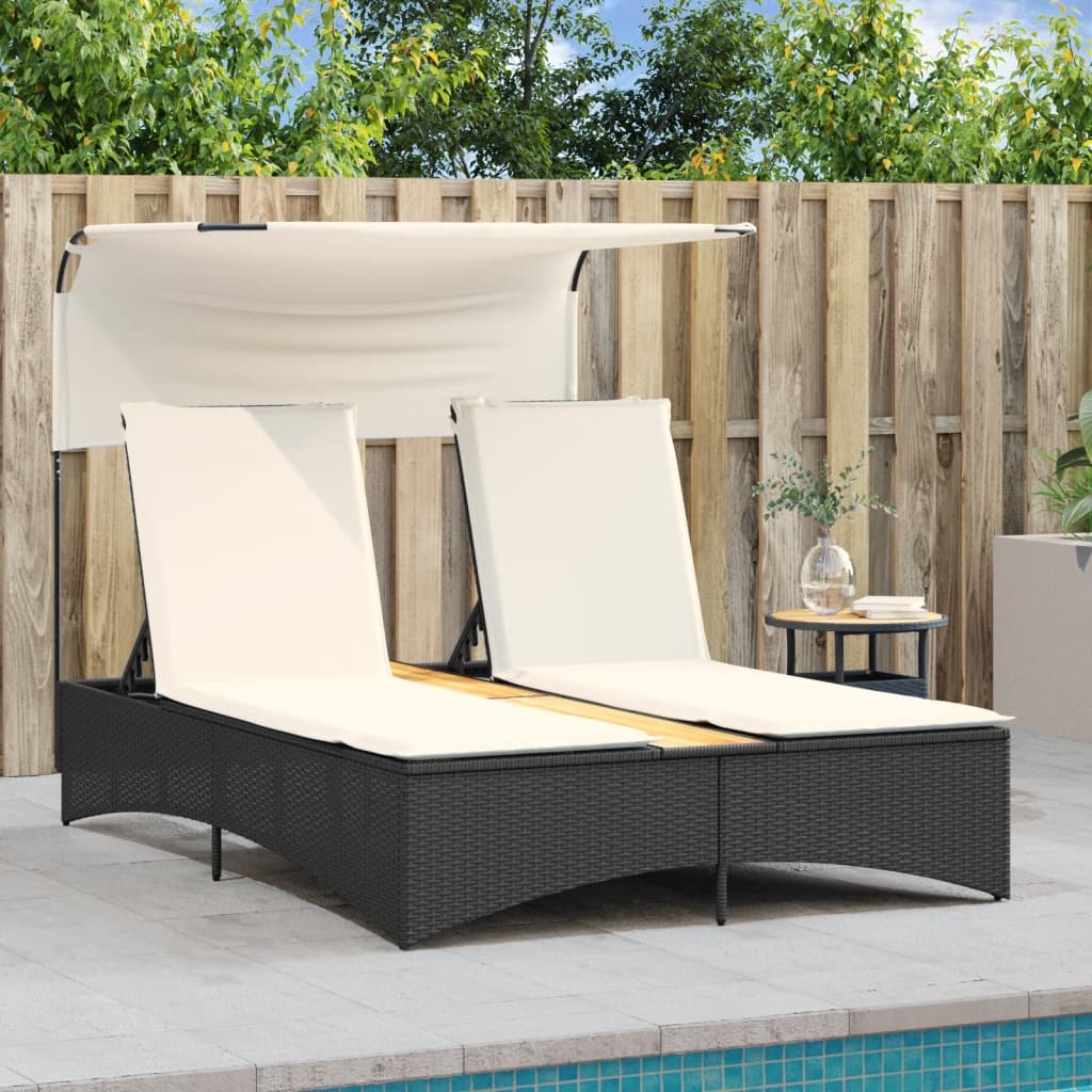 Ligbed 2-persoons met luifel en kussens poly rattan zwart is nu te koop bij PeponiXL, paradijselijk wonen!