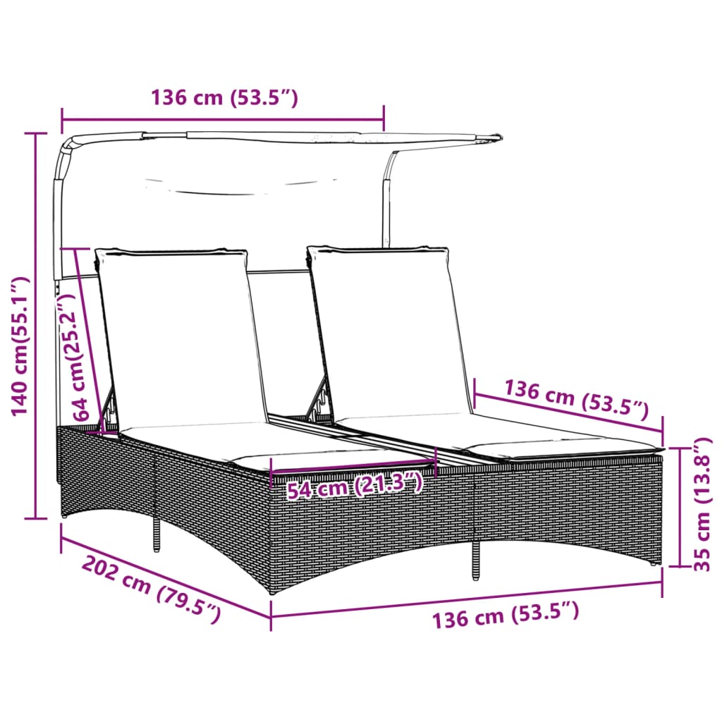 Ligbed 2-persoons luifel en kussens poly rattan gemengd beige is nu te koop bij PeponiXL, paradijselijk wonen!