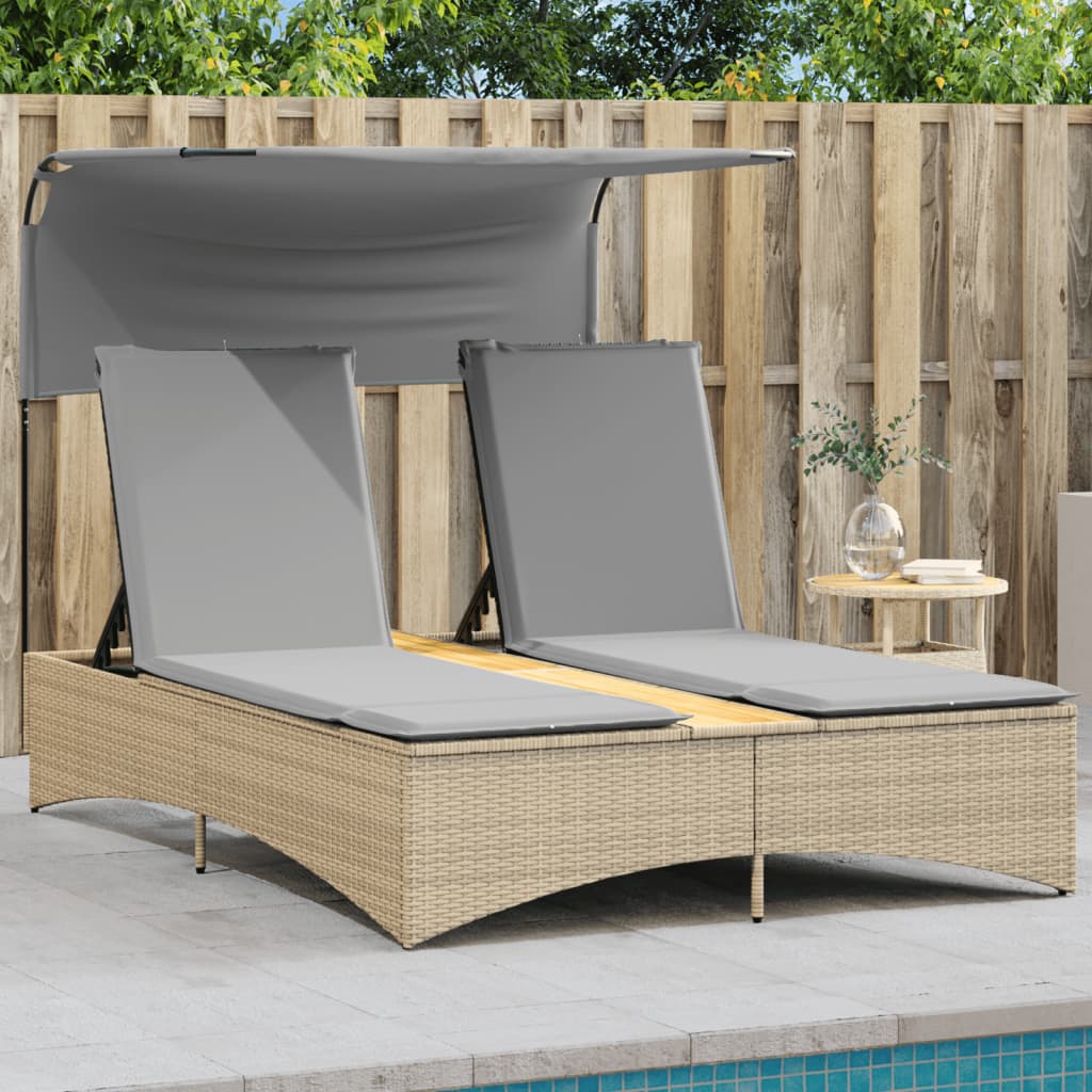 Ligbed 2-persoons luifel en kussens poly rattan gemengd beige is nu te koop bij PeponiXL, paradijselijk wonen!