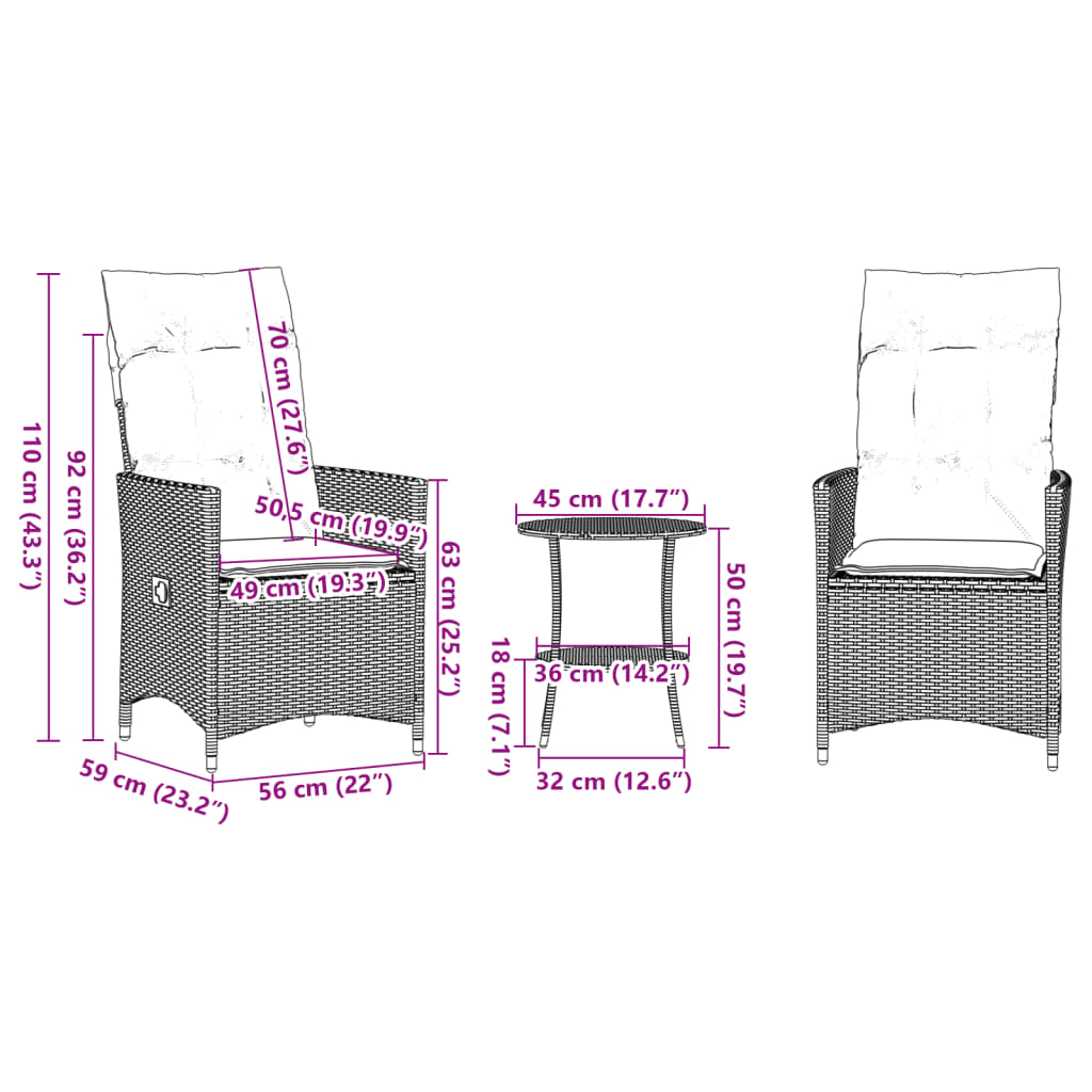 3-delige Bistroset met kussens poly rattan zwart is nu te koop bij PeponiXL, paradijselijk wonen!