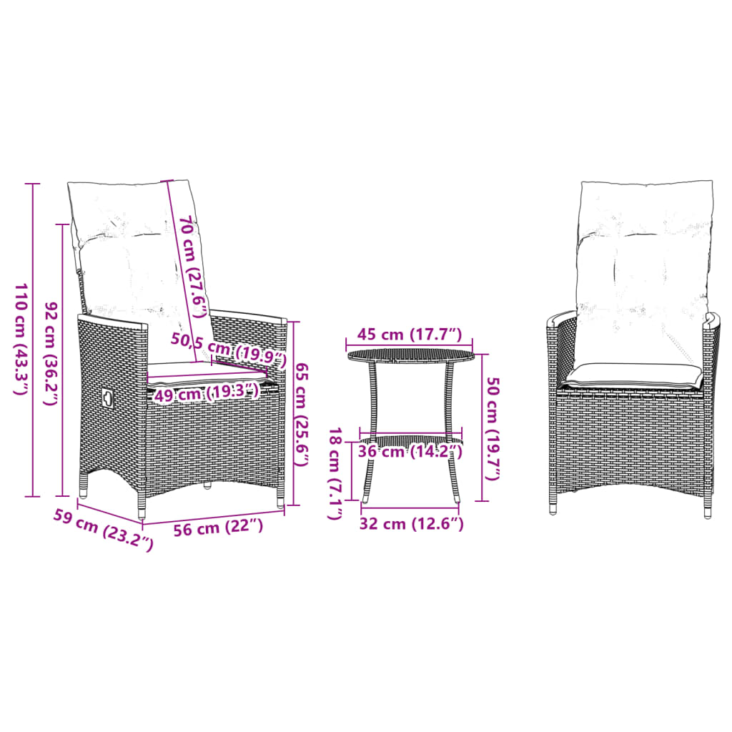 3-delige Bistroset met kussens poly rattan zwart is nu te koop bij PeponiXL, paradijselijk wonen!