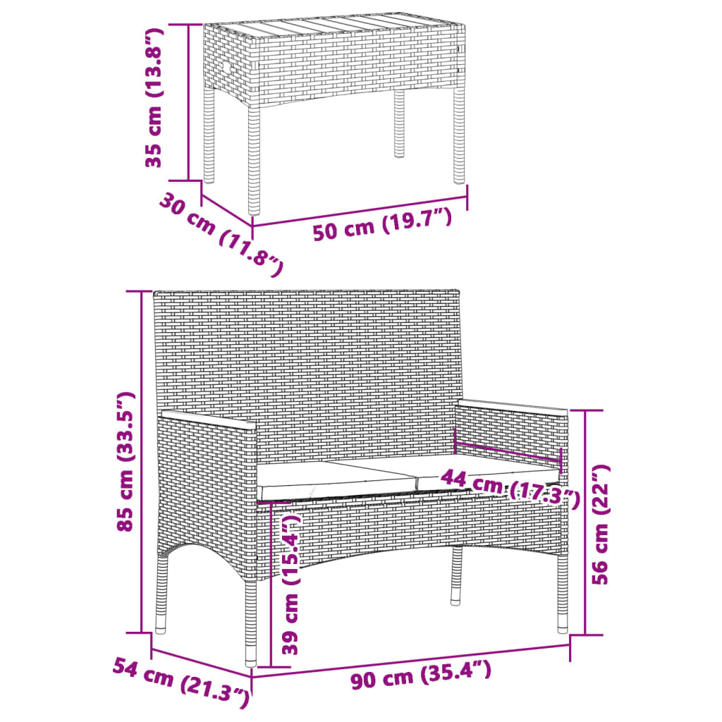 Tuinbank 2-zits met kussens en tafel poly rattan grijs is nu te koop bij PeponiXL, paradijselijk wonen!