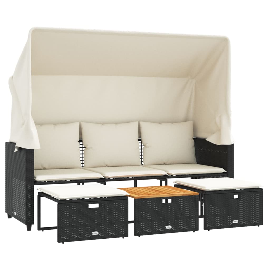 Tuinbank 3-zits met luifel en voetenbanken poly rattan zwart is nu te koop bij PeponiXL, paradijselijk wonen!
