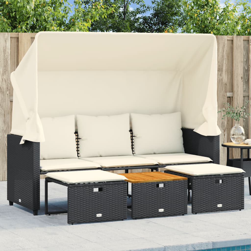 Tuinbank 3-zits met luifel en voetenbanken poly rattan zwart is nu te koop bij PeponiXL, paradijselijk wonen!