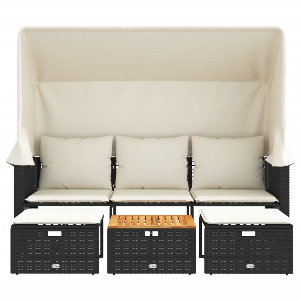 Tuinbank 3-zits met luifel en voetenbanken poly rattan zwart is nu te koop bij PeponiXL, paradijselijk wonen!