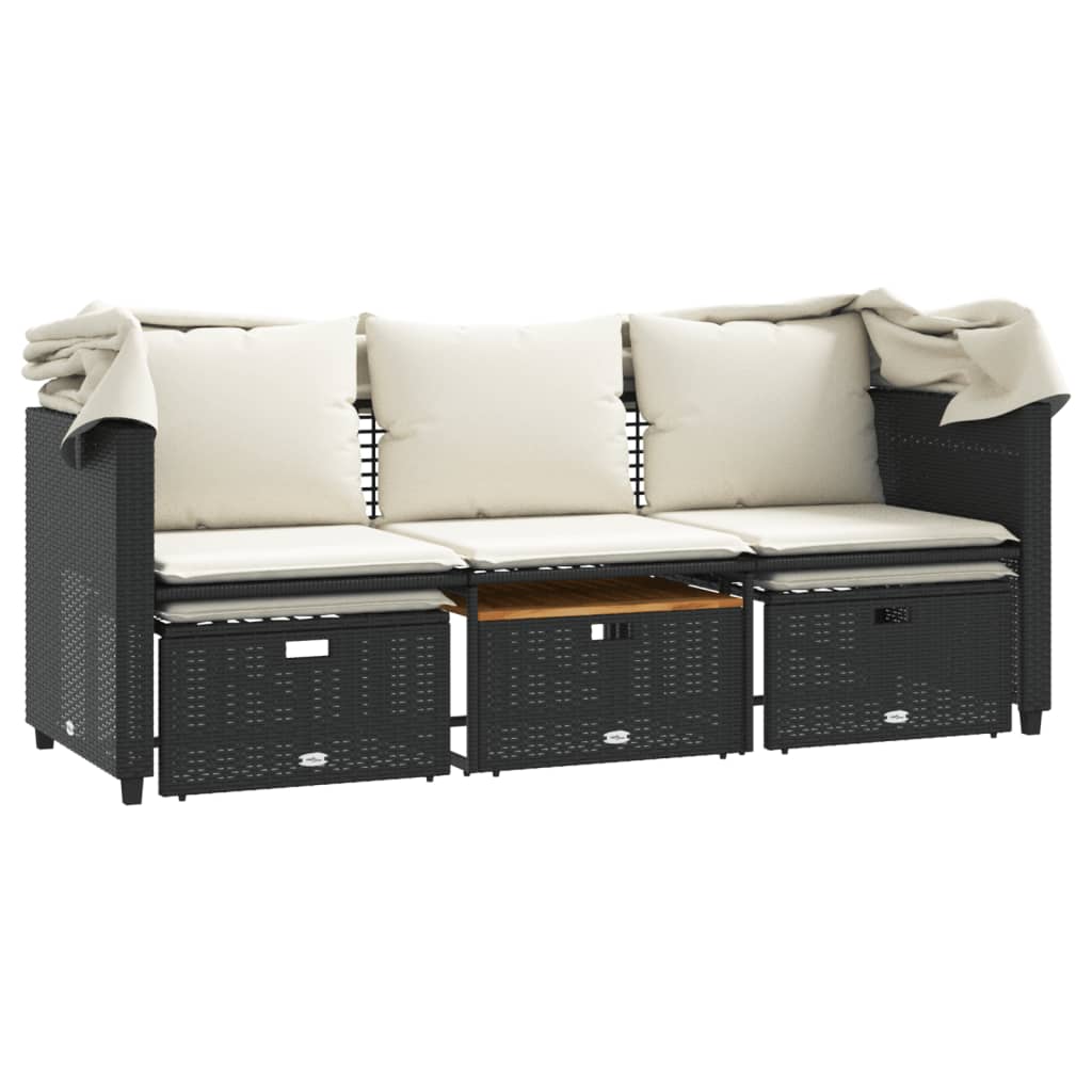 Tuinbank 3-zits met luifel en voetenbanken poly rattan zwart is nu te koop bij PeponiXL, paradijselijk wonen!