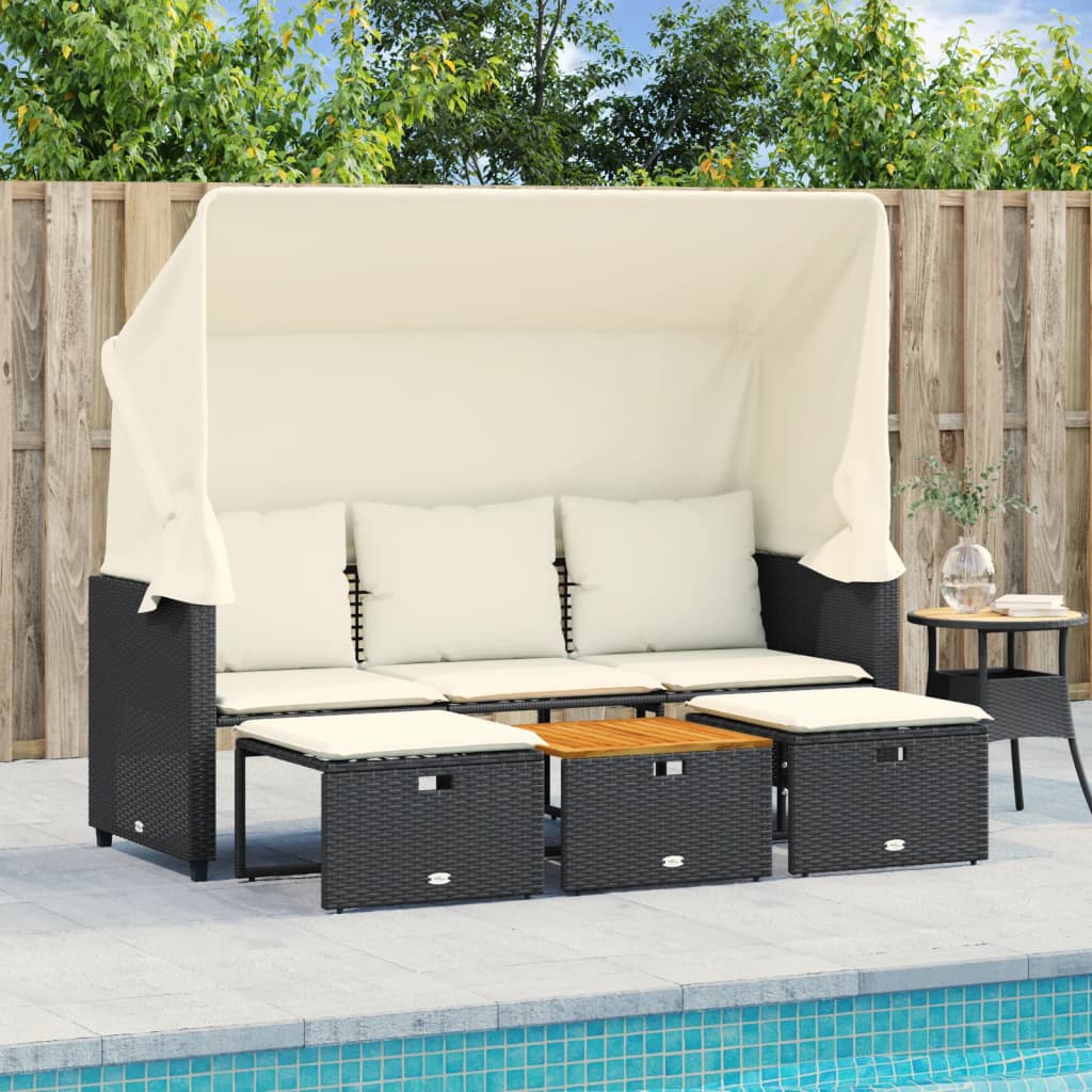 Tuinbank 3-zits met luifel en voetenbanken poly rattan zwart is nu te koop bij PeponiXL, paradijselijk wonen!