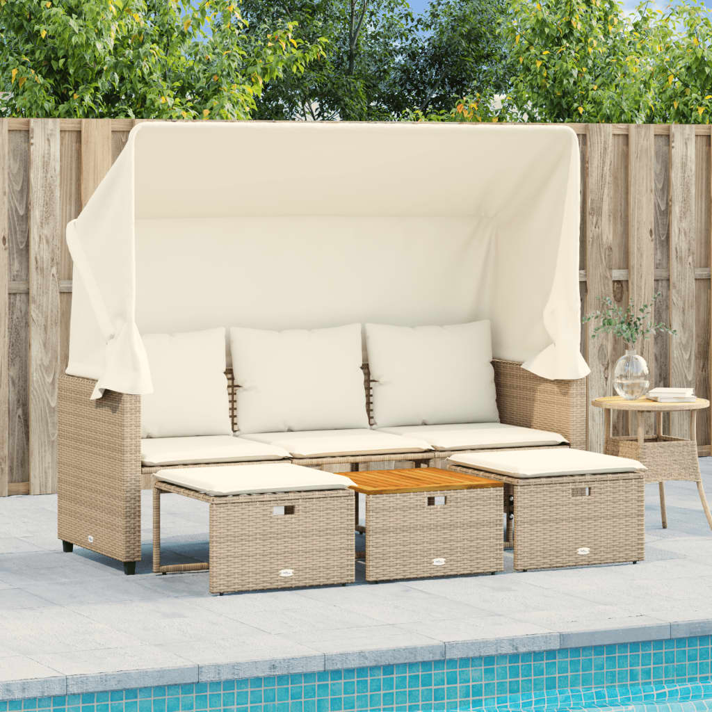 Tuinbank 3-zits met luifel en voetenbanken poly rattan beige is nu te koop bij PeponiXL, paradijselijk wonen!