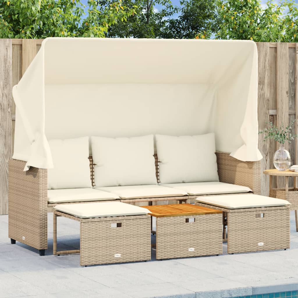 Tuinbank 3-zits met luifel en voetenbanken poly rattan beige is nu te koop bij PeponiXL, paradijselijk wonen!