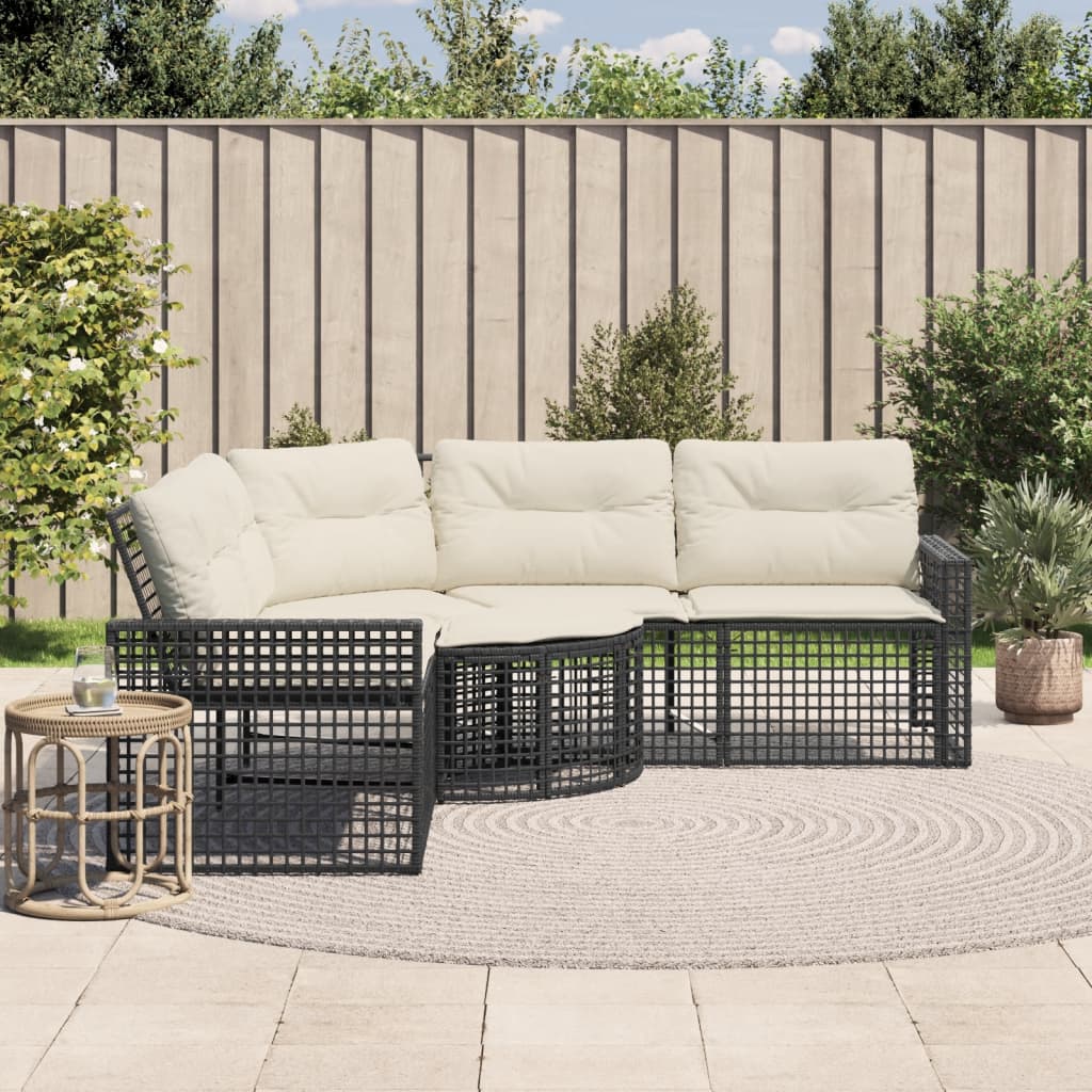 Tuinbank met kussens en voetensteun L-vormig poly rattan zwart is nu te koop bij PeponiXL, paradijselijk wonen!