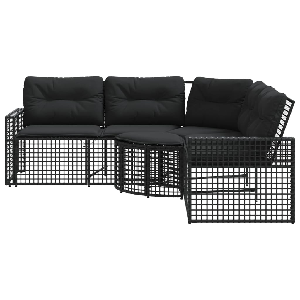 Tuinbank met kussens en voetensteun L-vormig poly rattan zwart is nu te koop bij PeponiXL, paradijselijk wonen!