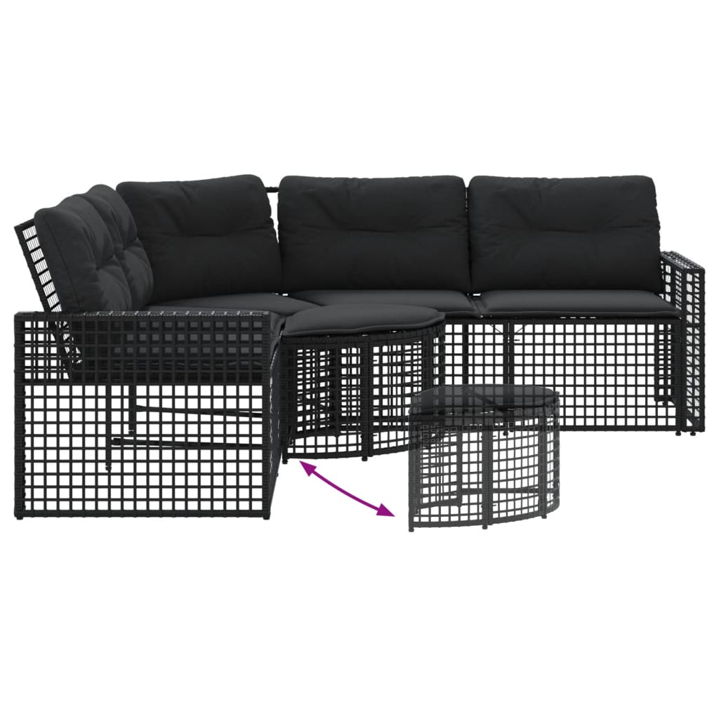 Tuinbank met kussens en voetensteun L-vormig poly rattan zwart is nu te koop bij PeponiXL, paradijselijk wonen!