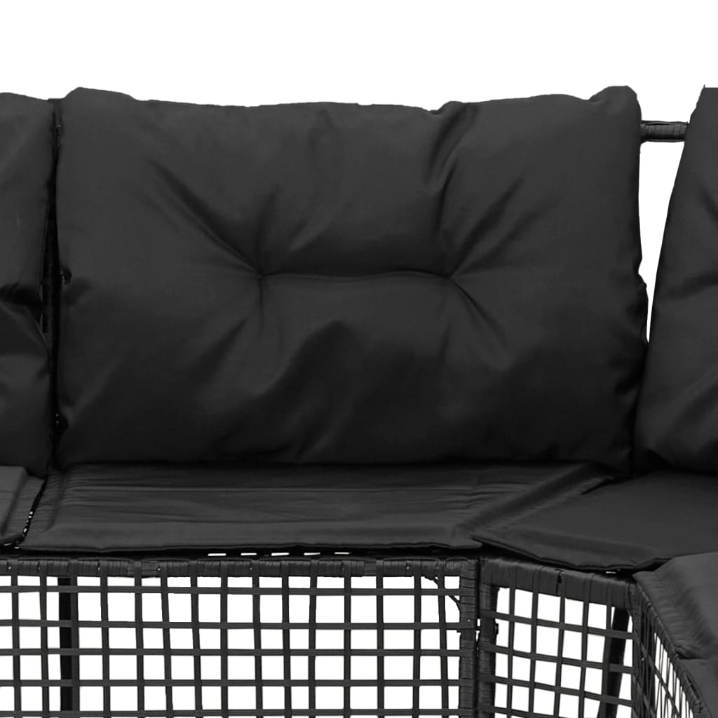 Tuinbank met kussens en voetensteun L-vormig poly rattan zwart is nu te koop bij PeponiXL, paradijselijk wonen!