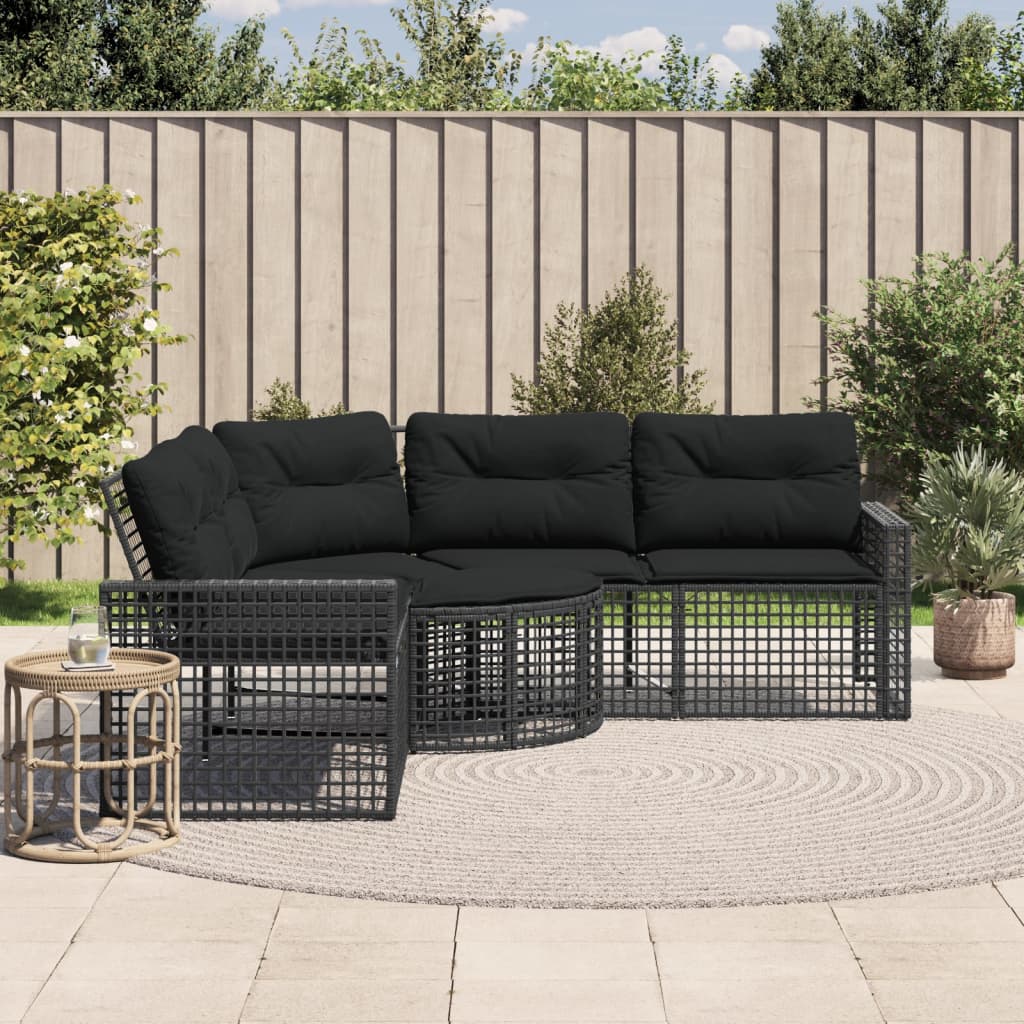 Tuinbank met kussens en voetensteun L-vormig poly rattan zwart is nu te koop bij PeponiXL, paradijselijk wonen!
