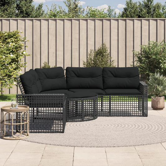 Tuinbank met kussens en voetensteun L-vormig poly rattan zwart is nu te koop bij PeponiXL, paradijselijk wonen!