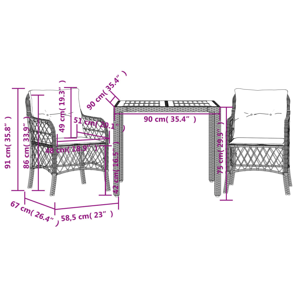 3-delige Bistroset met kussens poly rattan zwart is nu te koop bij PeponiXL, paradijselijk wonen!