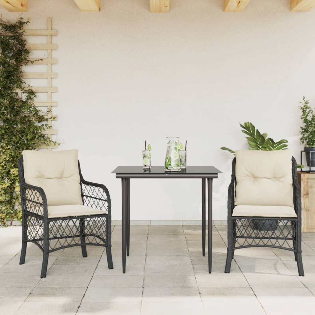 3-delige Bistroset met kussens poly rattan zwart is nu te koop bij PeponiXL, paradijselijk wonen!