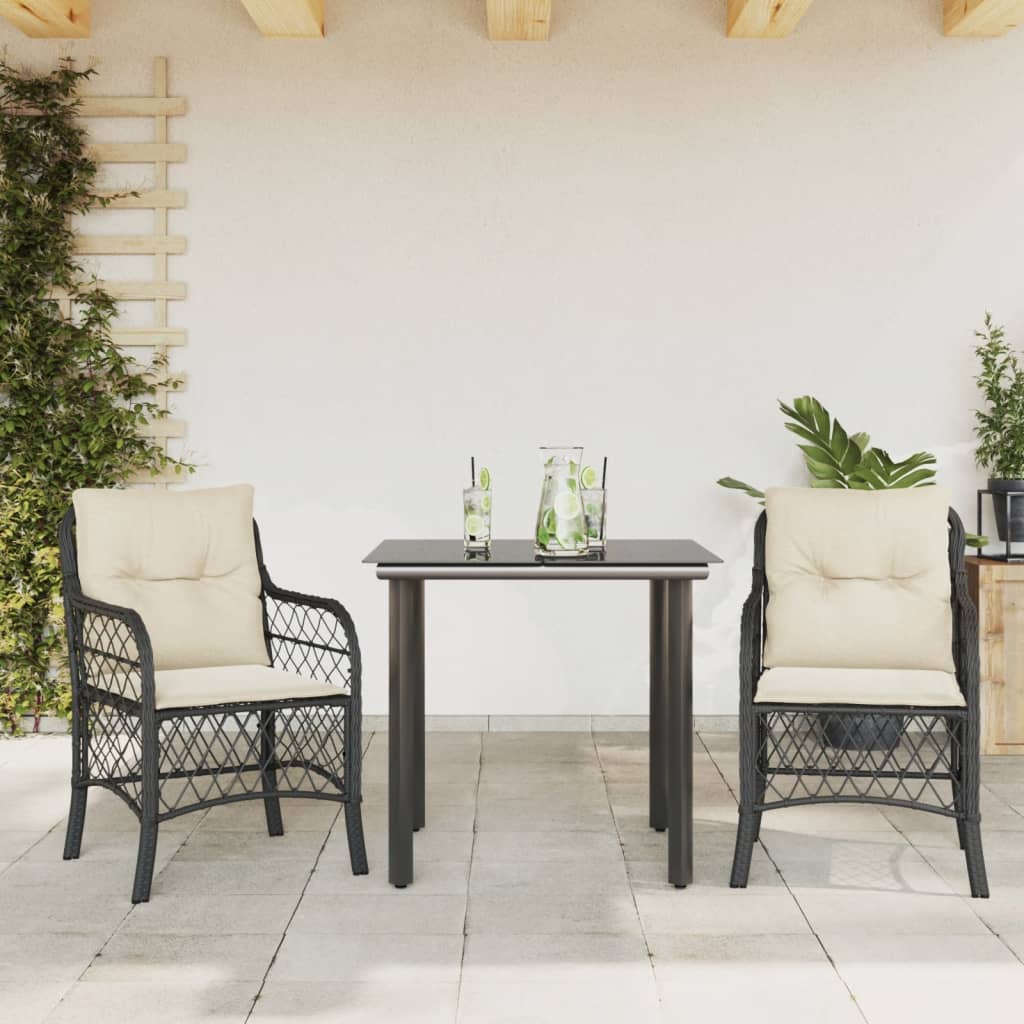 3-delige Bistroset met kussens poly rattan zwart is nu te koop bij PeponiXL, paradijselijk wonen!