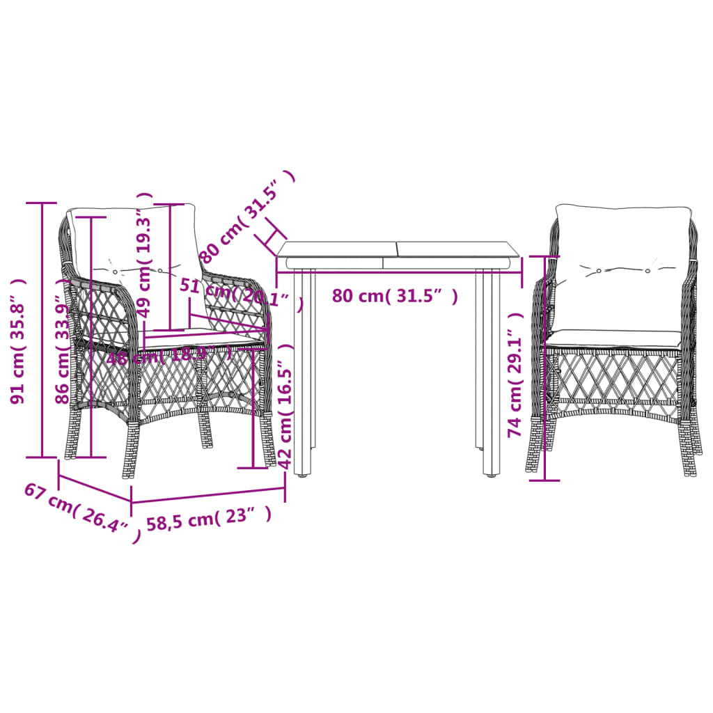 3-delige Bistroset met kussens poly rattan zwart is nu te koop bij PeponiXL, paradijselijk wonen!