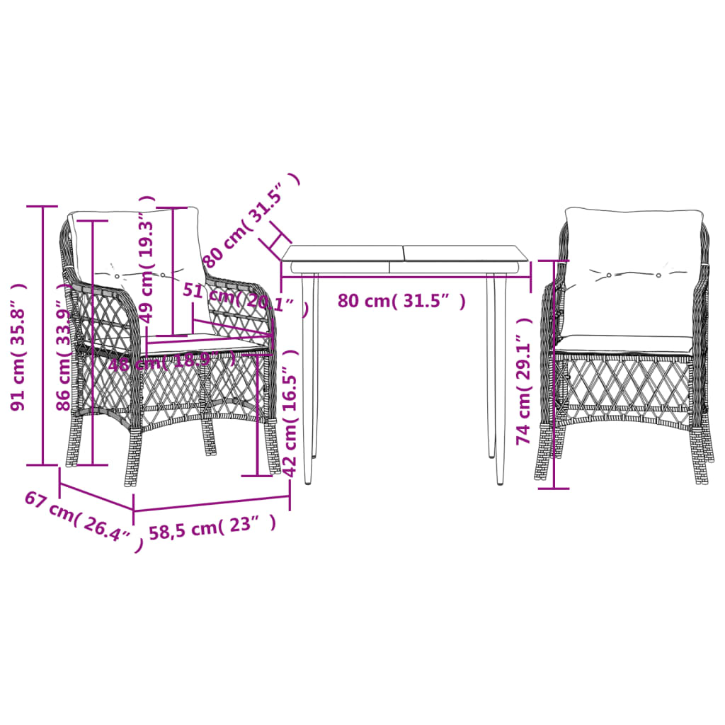 3-delige Bistroset met kussens poly rattan grijs is nu te koop bij PeponiXL, paradijselijk wonen!