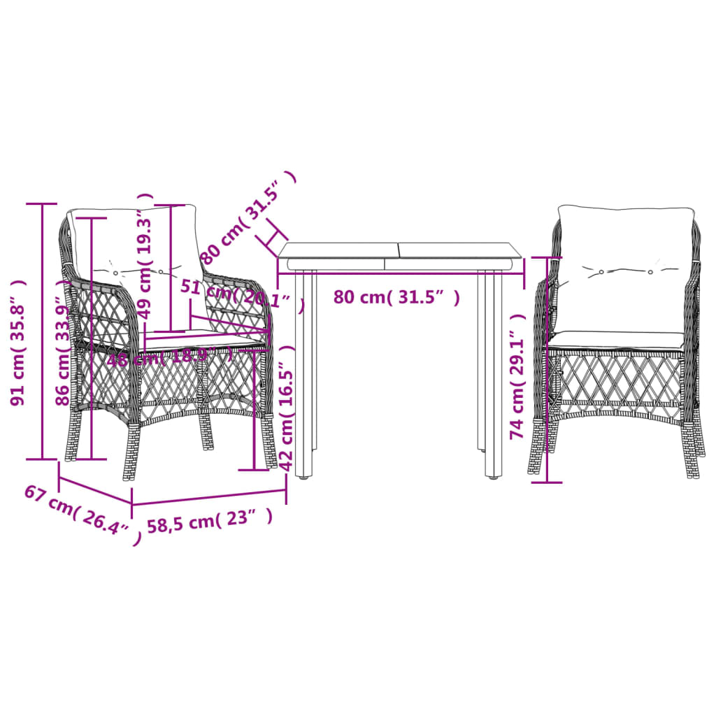 3-delige Bistroset met kussens poly rattan gemengd beige is nu te koop bij PeponiXL, paradijselijk wonen!