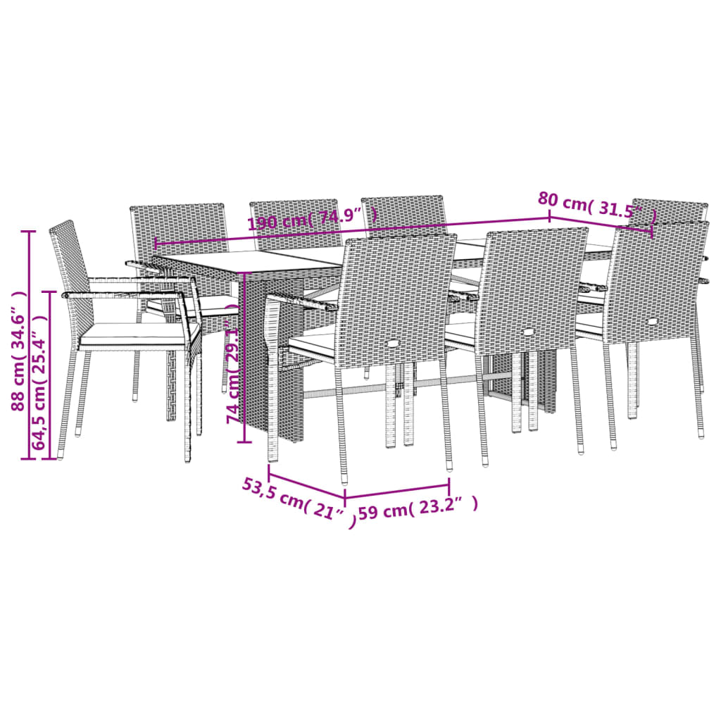 9-delige Tuinset met kussens poly rattan grijs