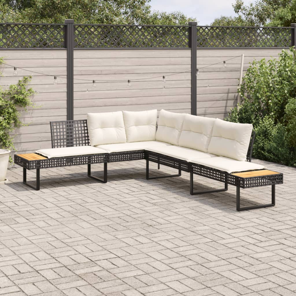 Tuinbank met kussens L-vormig poly rattan en acaciahout zwart is nu te koop bij PeponiXL, paradijselijk wonen!