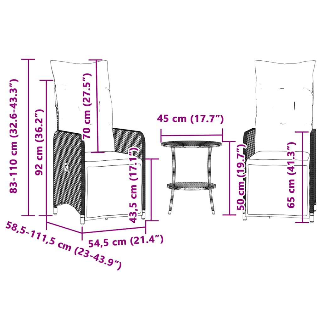 Tuinstoelen 2 st verstelbaar met tafel poly rattan grijs is nu te koop bij PeponiXL, paradijselijk wonen!