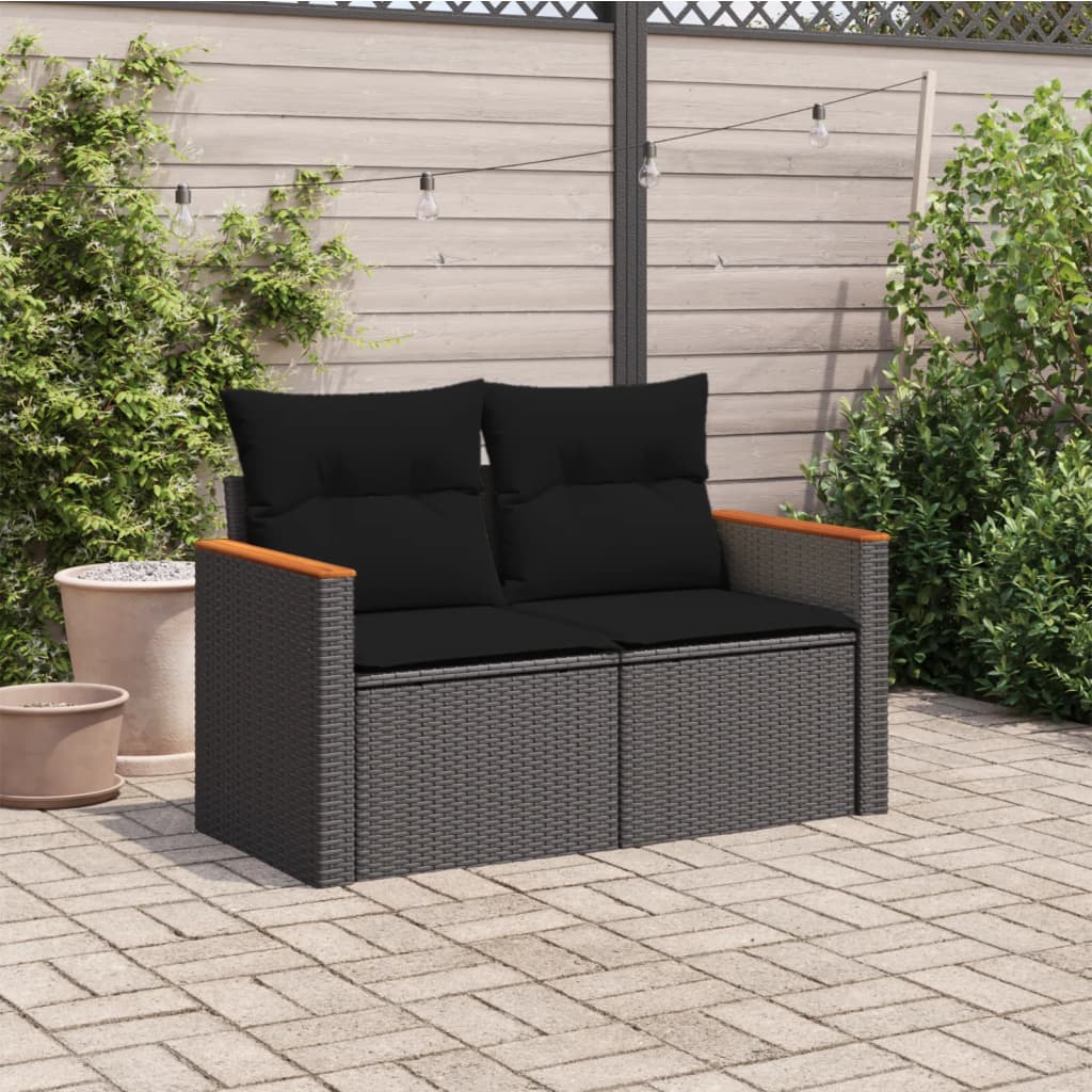 Tuinbank met kussens 2-zits zwart poly rattan is nu te koop bij PeponiXL, paradijselijk wonen!