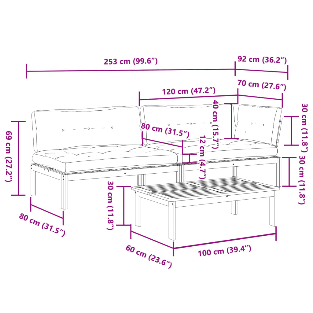 3-delige Loungeset pallet met kussens massief acaciahout is nu te koop bij PeponiXL, paradijselijk wonen!