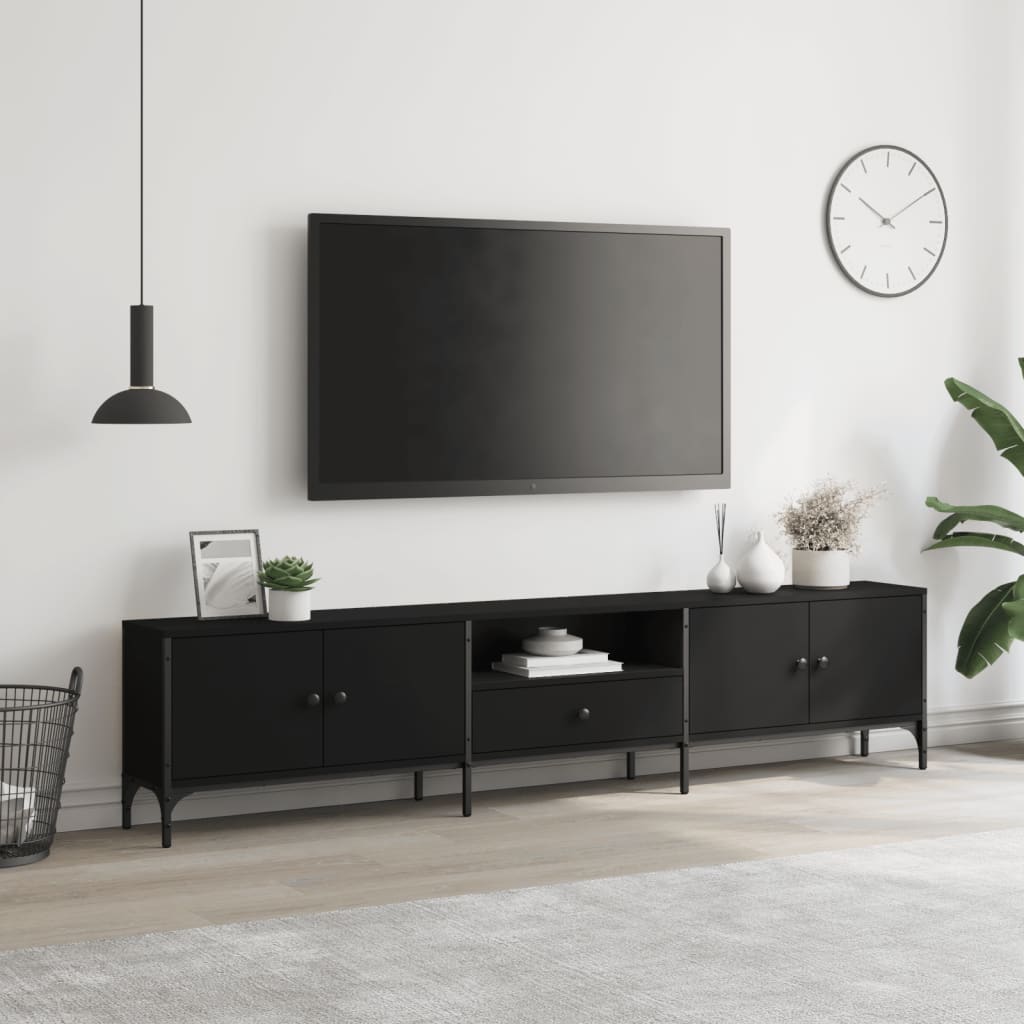 Tv-meubel met lade 200x25x44 cm bewerkt hout zwart is nu te koop bij PeponiXL, paradijselijk wonen!