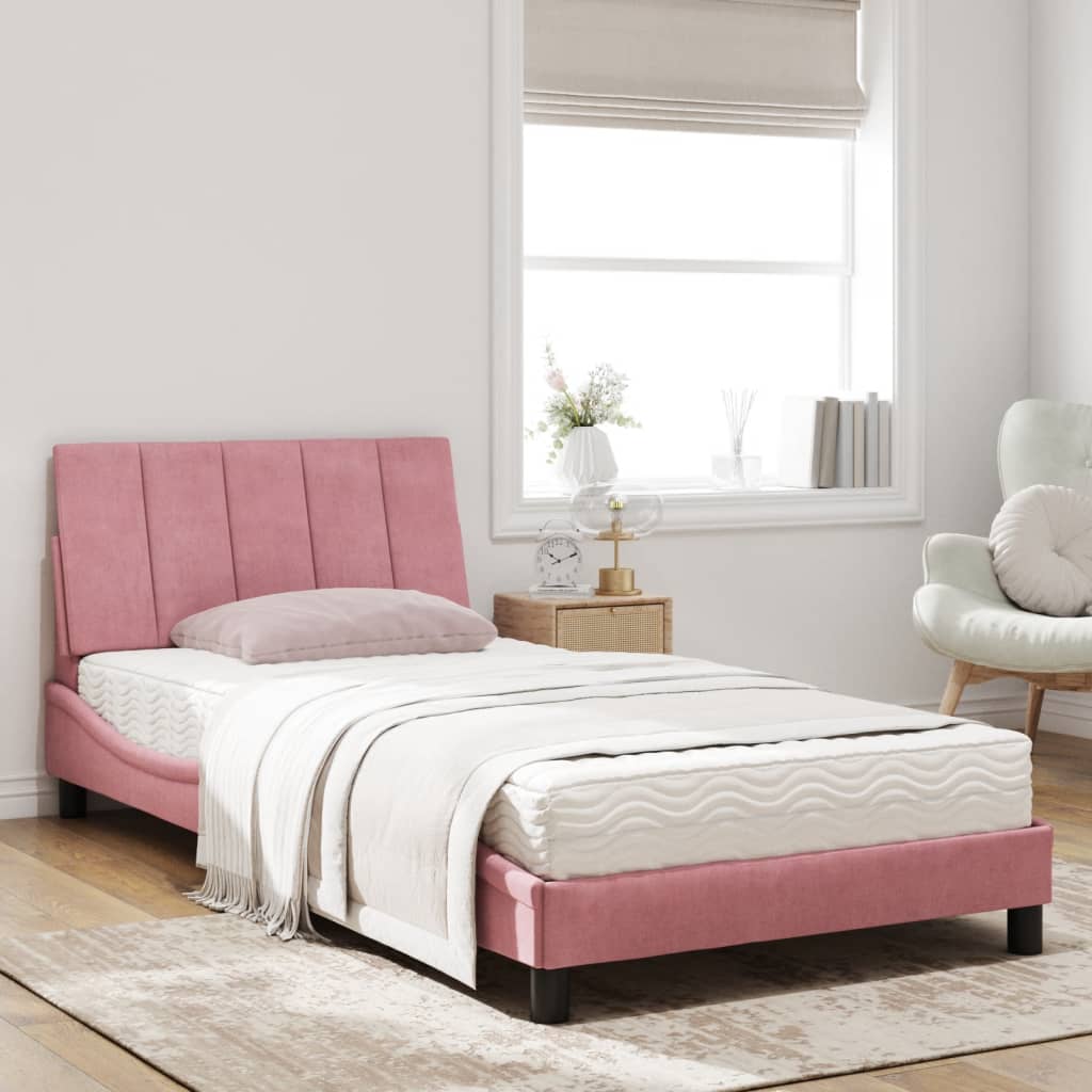 Bed met matras "Hanko" fluweel roze 100x200 cm is nu te koop bij PeponiXL, paradijselijk wonen!