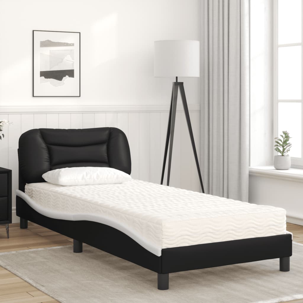 Bed met matras "Hvar" kunstleer zwart en wit 90x190 cm is nu te koop bij PeponiXL, paradijselijk wonen!
