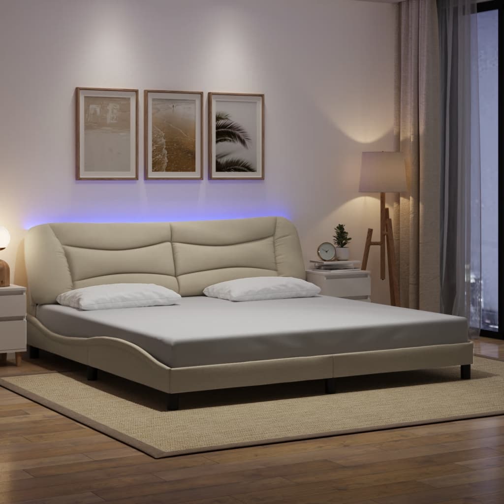 Bedframe met LED zonder matras "Hvar" 200x200 cm stof crèmekleurig is nu te koop bij PeponiXL, paradijselijk wonen!