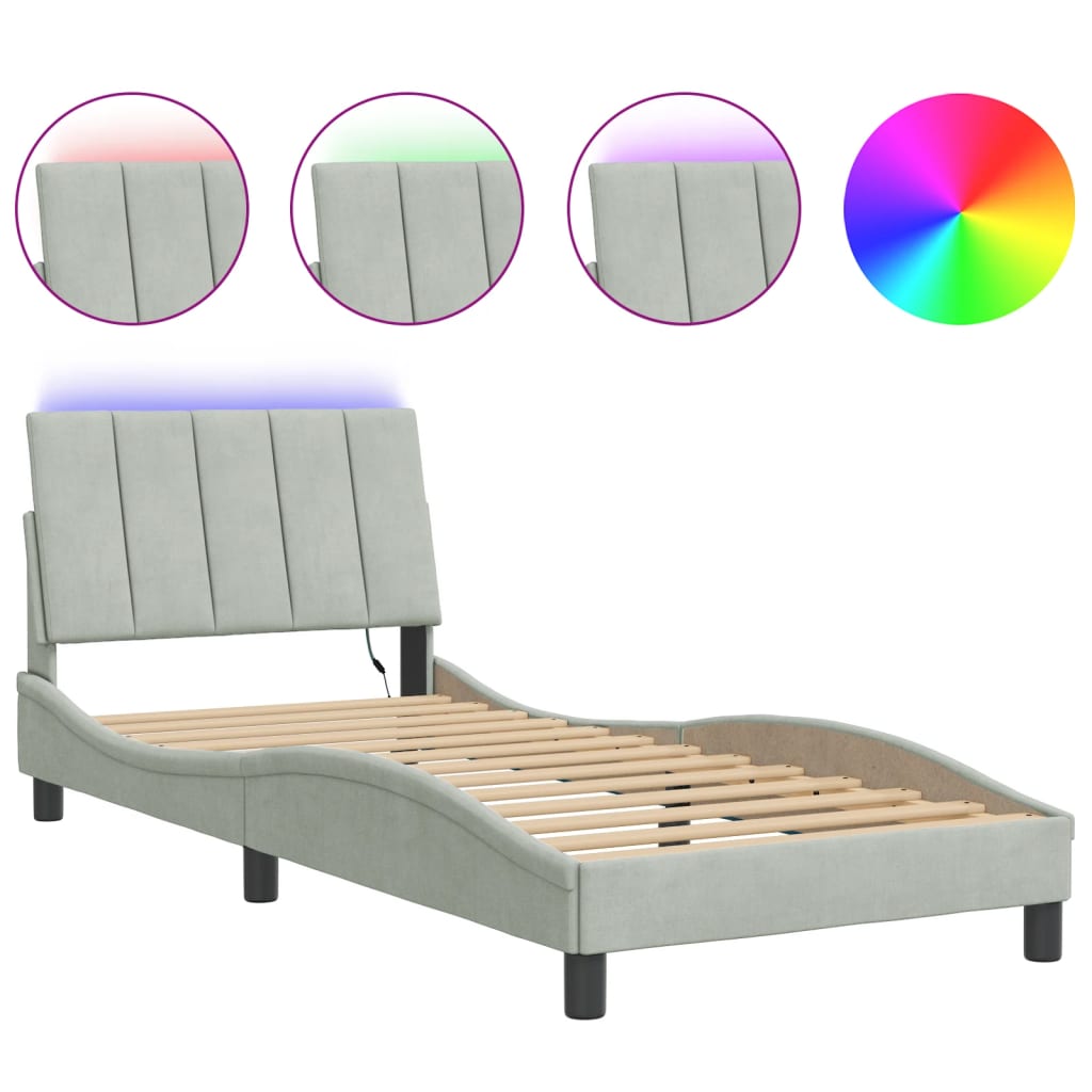 Bedframe met LED zonder matras "Hanko" fluweel lichtgrijs 90x190 cm is nu te koop bij PeponiXL, paradijselijk wonen!