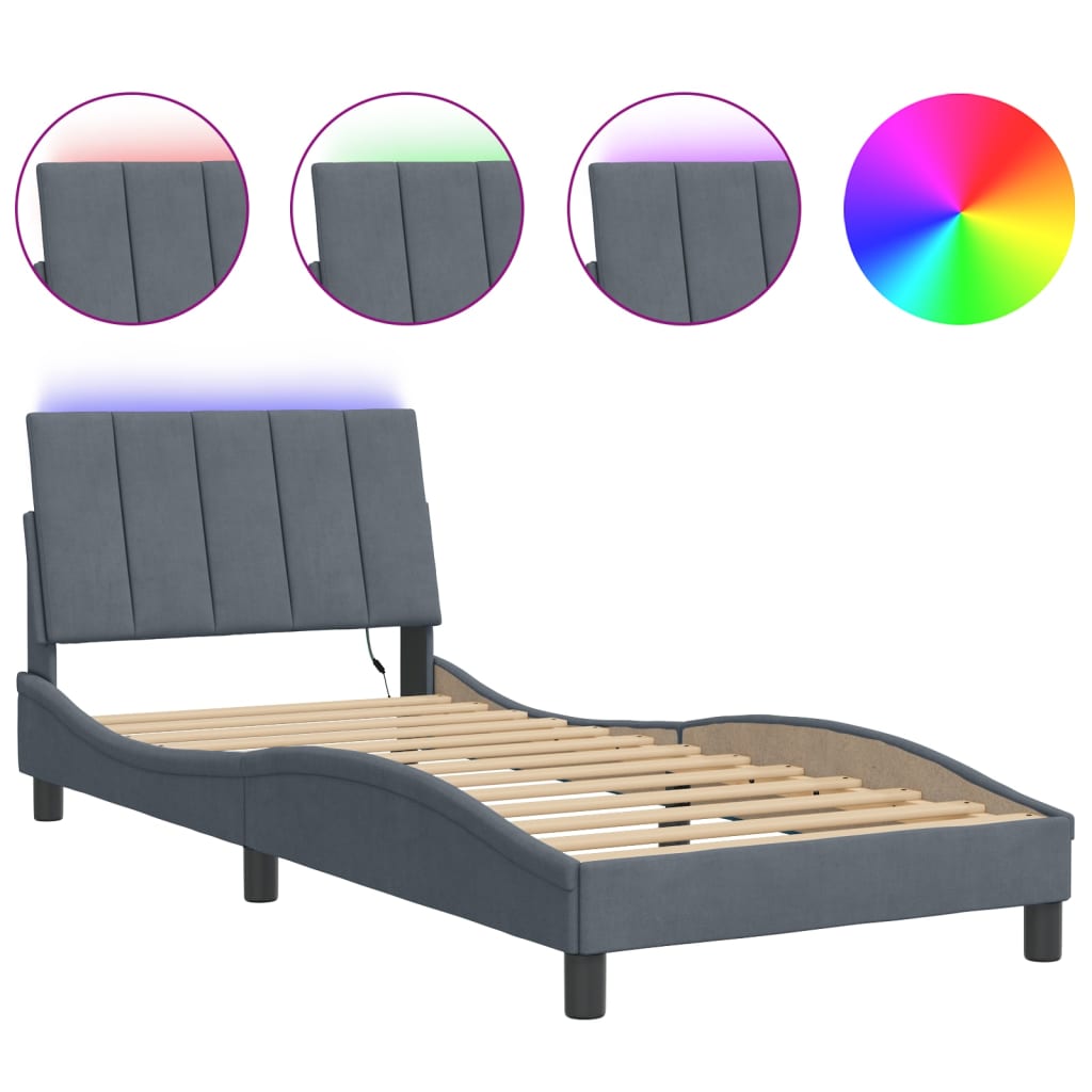 Bedframe met LED zonder matras "Hanko" fluweel donkergrijs 90x190 cm is nu te koop bij PeponiXL, paradijselijk wonen!