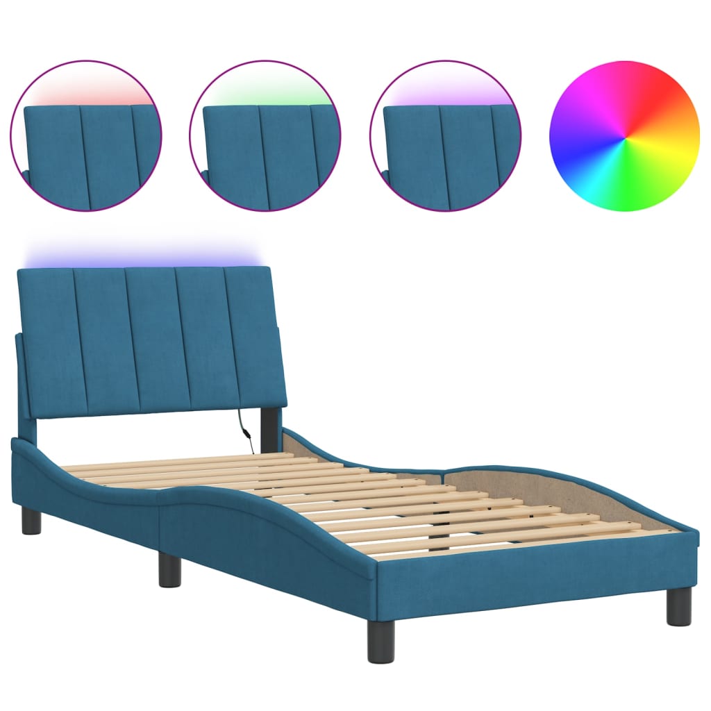 Bedframe met LED zonder matras "Hanko" fluweel blauw 90x200 cm is nu te koop bij PeponiXL, paradijselijk wonen!
