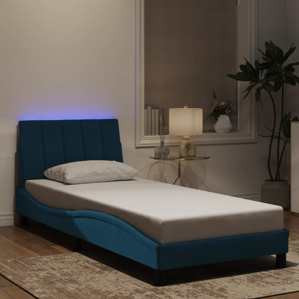 Bedframe met LED zonder matras "Hanko" fluweel blauw 90x200 cm is nu te koop bij PeponiXL, paradijselijk wonen!