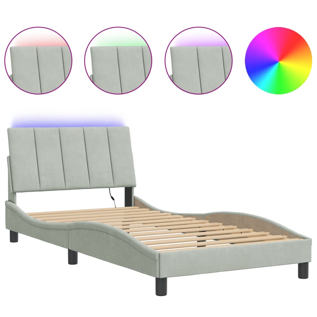 Bedframe met LED zonder matras "Hanko" fluweel lichtgrijs 100x200 cm is nu te koop bij PeponiXL, paradijselijk wonen!