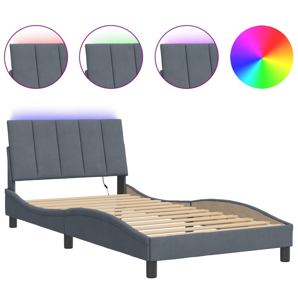 Bedframe met LED zonder matras "Hanko" fluweel donkergrijs 100x200 cm is nu te koop bij PeponiXL, paradijselijk wonen!