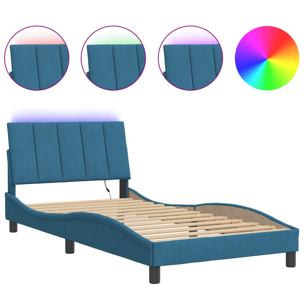 Bedframe met LED zonder matras "Hanko" fluweel blauw 100x200 cm is nu te koop bij PeponiXL, paradijselijk wonen!