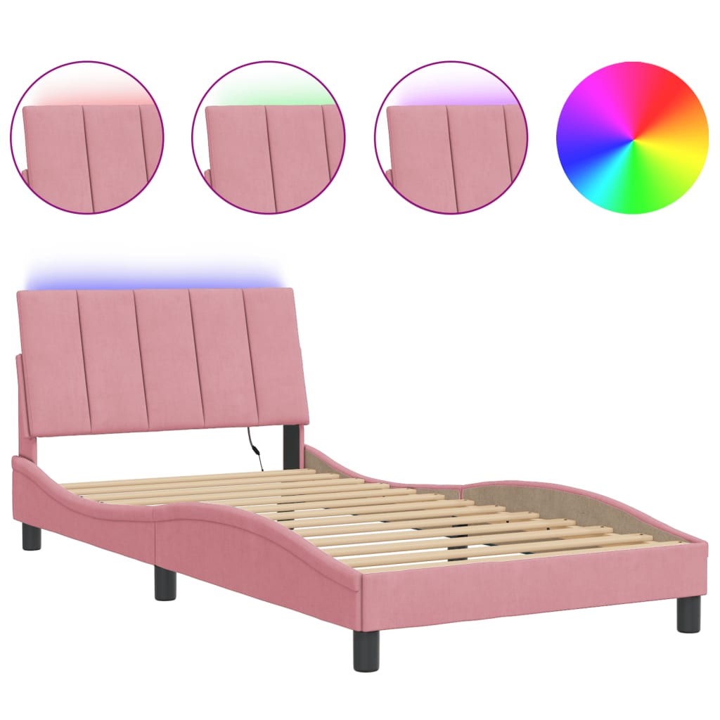 Bedframe met LED zonder matras "Hanko" fluweel roze 100x200 cm is nu te koop bij PeponiXL, paradijselijk wonen!