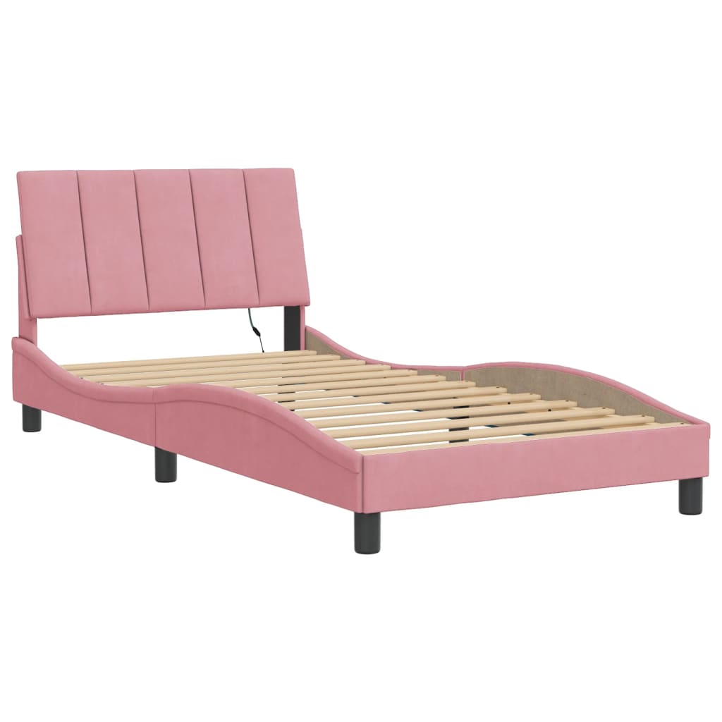 Bedframe met LED zonder matras "Hanko" fluweel roze 100x200 cm is nu te koop bij PeponiXL, paradijselijk wonen!