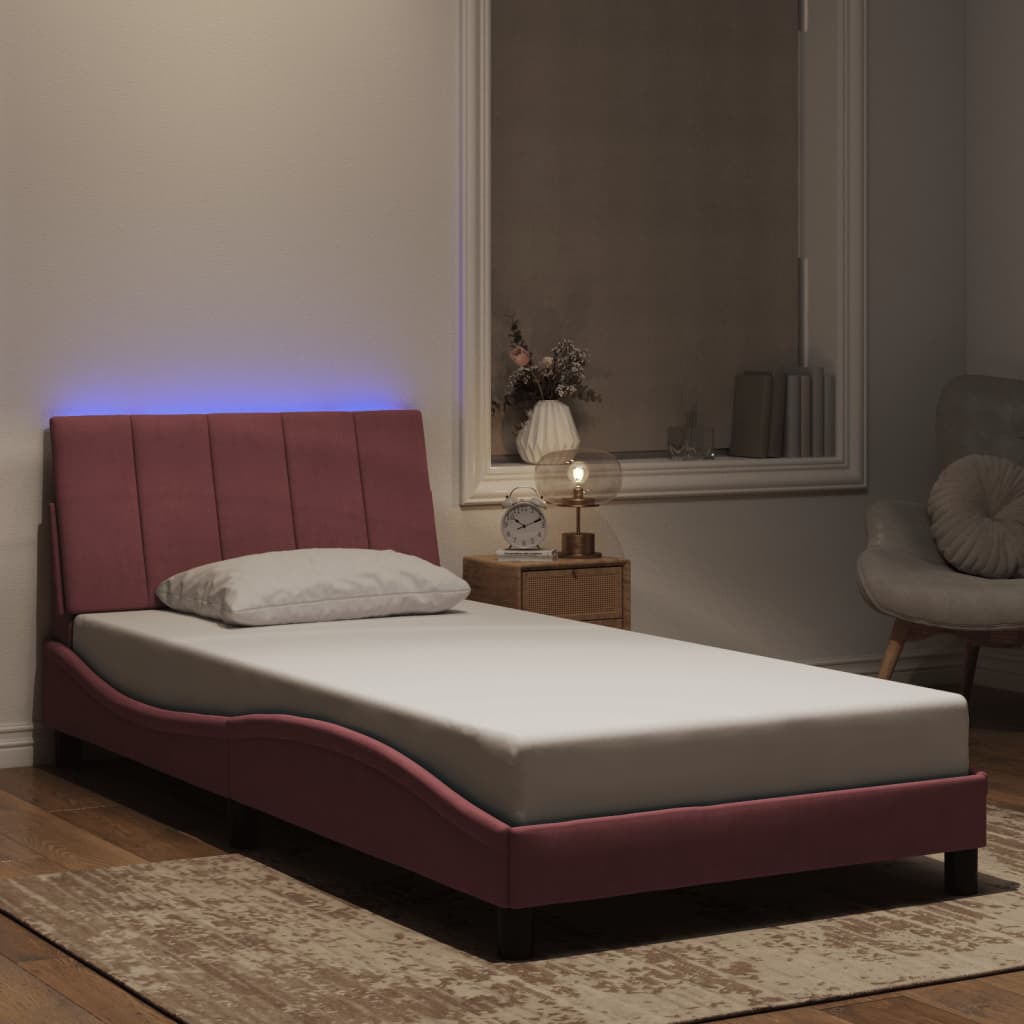 Bedframe met LED zonder matras "Hanko" fluweel roze 100x200 cm is nu te koop bij PeponiXL, paradijselijk wonen!