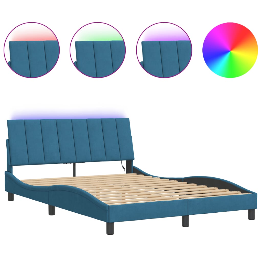 Bedframe met LED zonder matras "Hanko" fluweel blauw 140x200 cm is nu te koop bij PeponiXL, paradijselijk wonen!