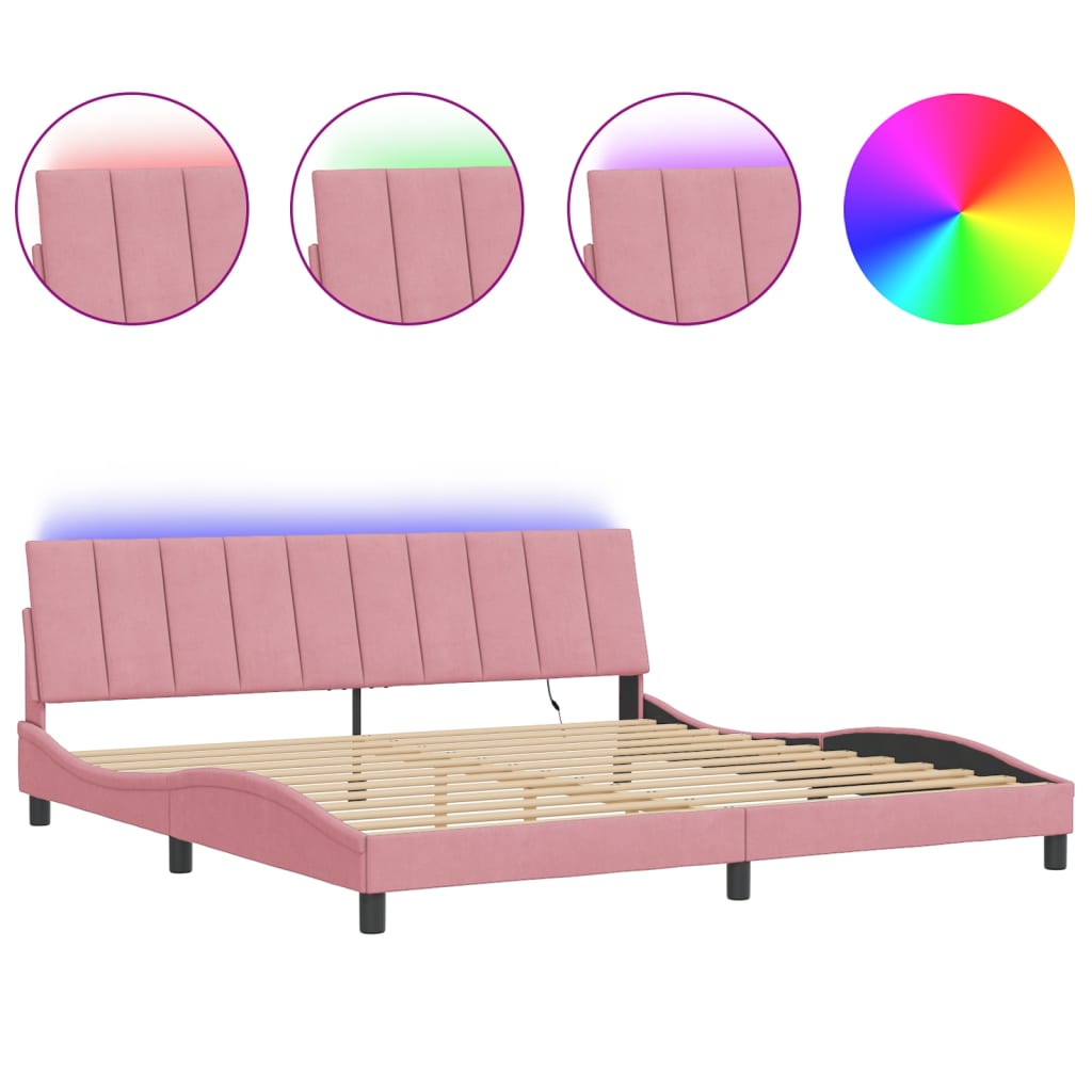 Bedframe met LED zonder matras "Hanko" fluweel roze 200x200 cm is nu te koop bij PeponiXL, paradijselijk wonen!