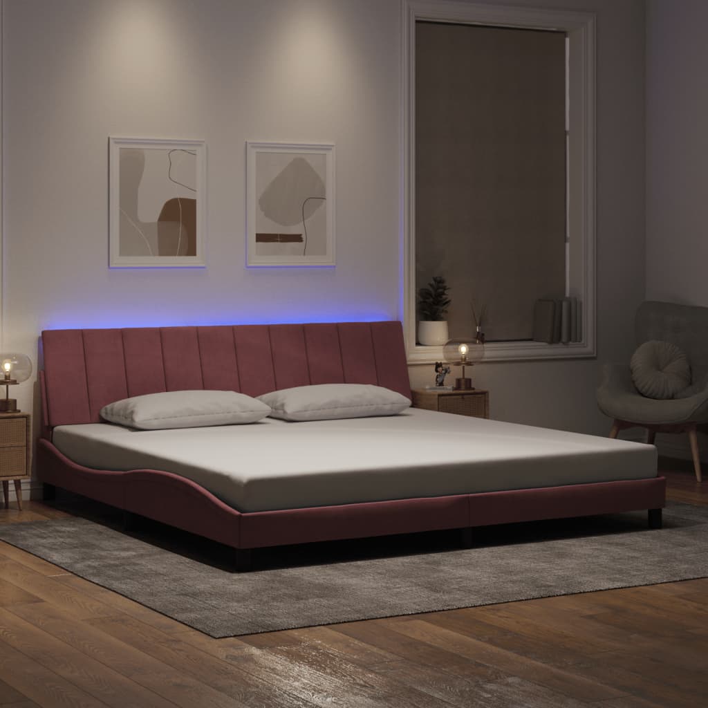 Bedframe met LED zonder matras "Hanko" fluweel roze 200x200 cm is nu te koop bij PeponiXL, paradijselijk wonen!