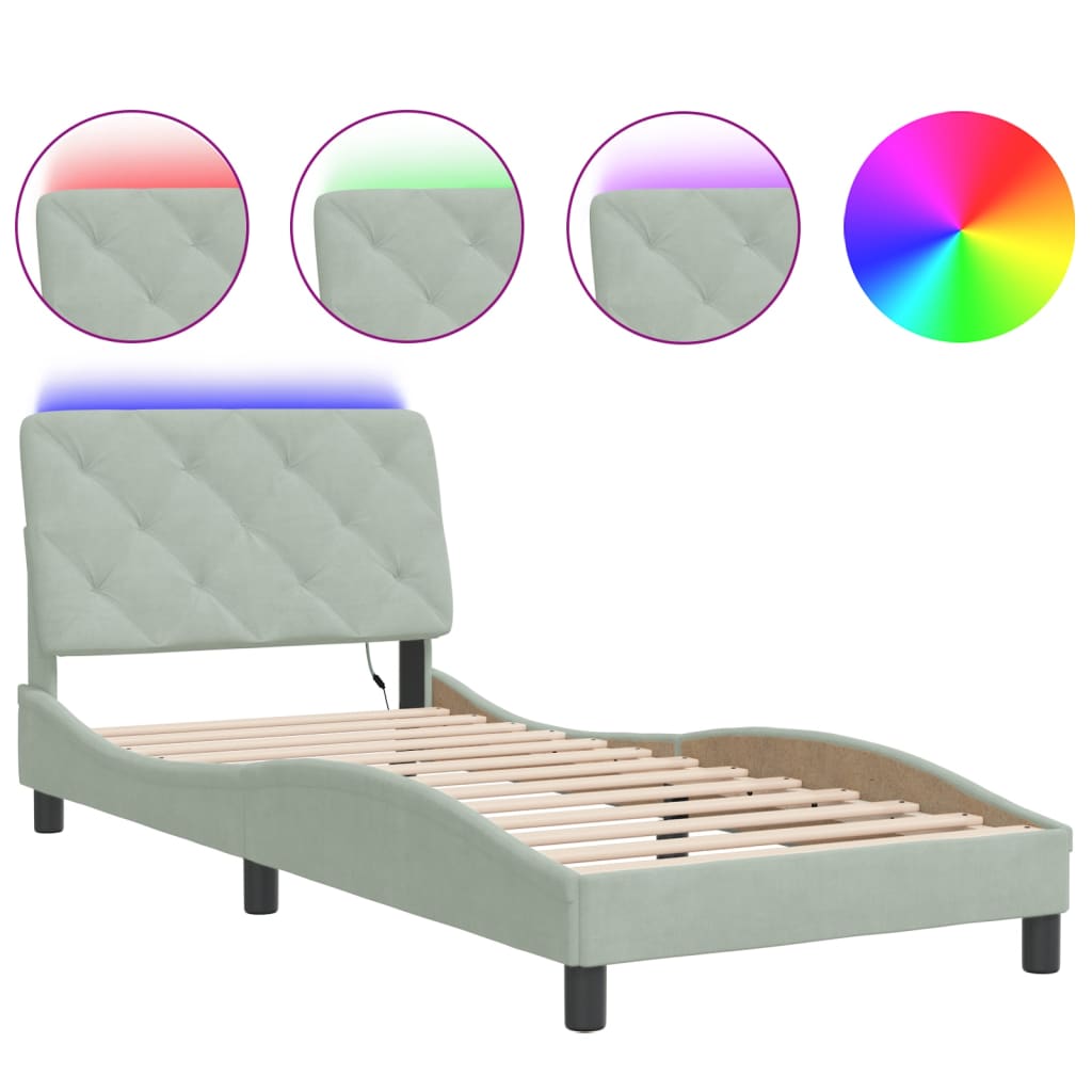 Bedframe met LED zonder matras fluweel lichtgrijs 90x200 cm is nu te koop bij PeponiXL, paradijselijk wonen!
