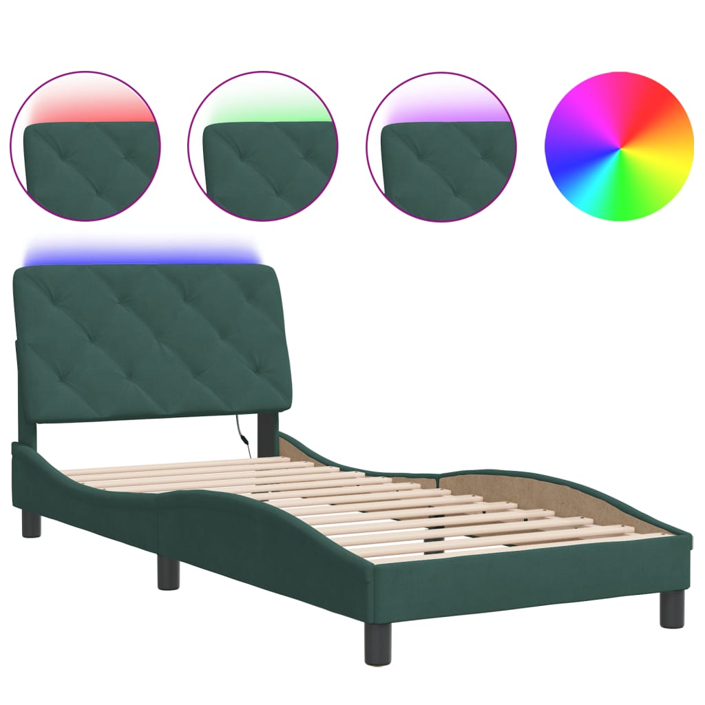 Bedframe met LED zonder matras fluweel donkergroen 90x200 cm is nu te koop bij PeponiXL, paradijselijk wonen!