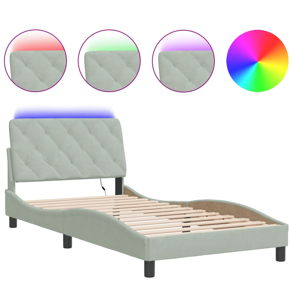Bedframe met LED zonder matras fluweel lichtgrijs 100x200 cm is nu te koop bij PeponiXL, paradijselijk wonen!